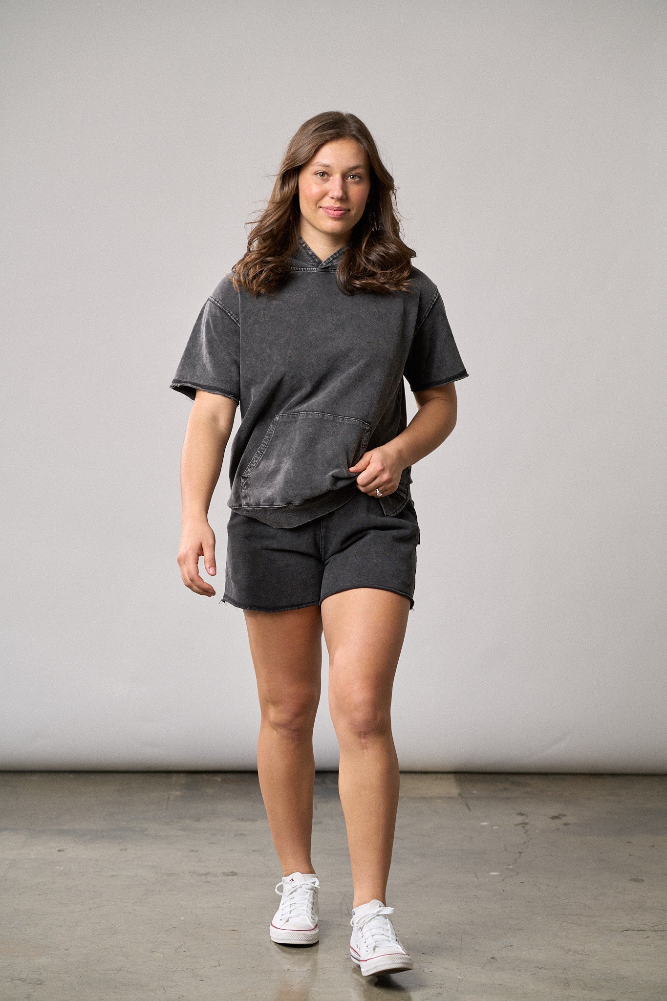 Adult Acid Wash Short Sleeve Hoodie - Black