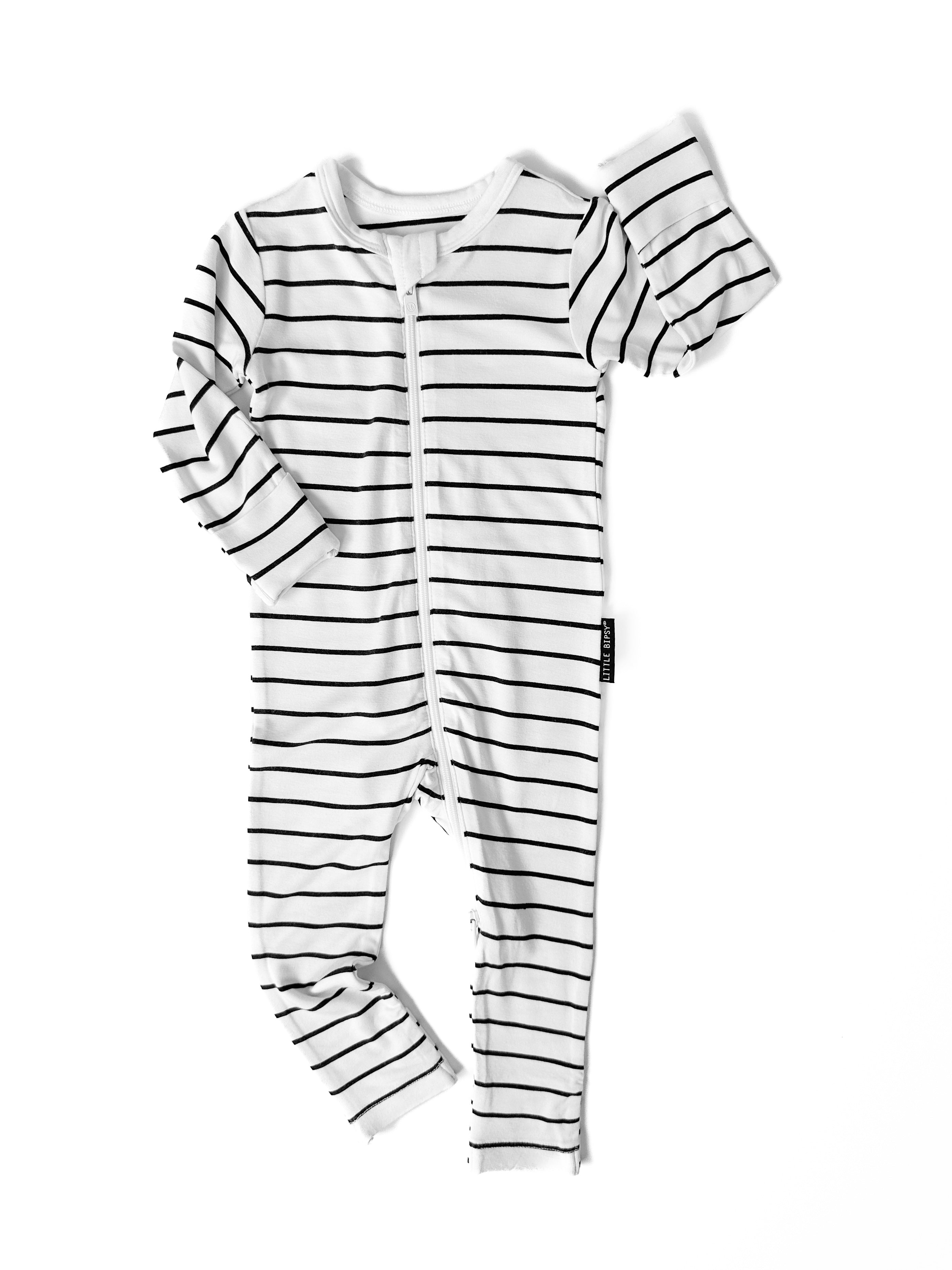 LB x Baby Breez Long Sleeve Pinstripe Romper Pajamas - White and Black