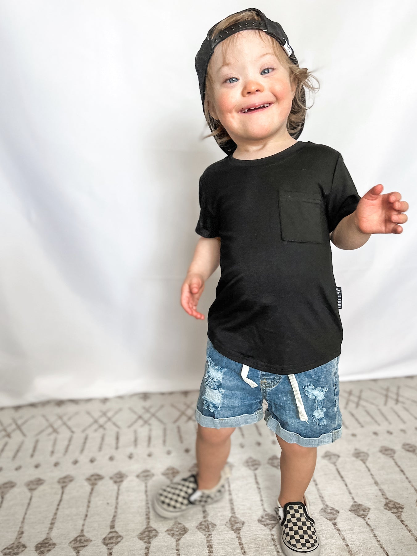 kids basic and trendy outfit with kids distressed denim shorts