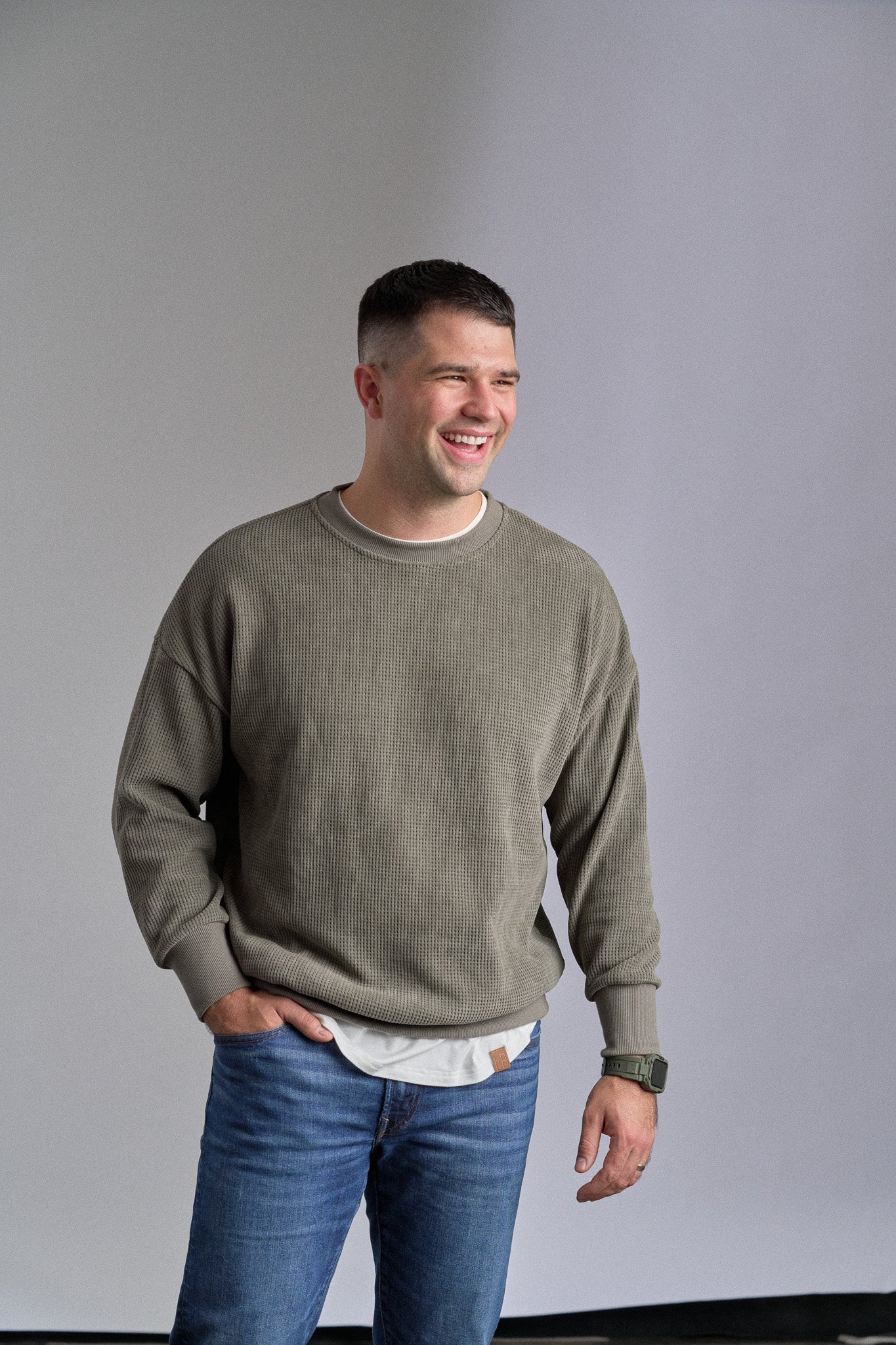 Adult Elevated Waffle Crewneck - Army Green