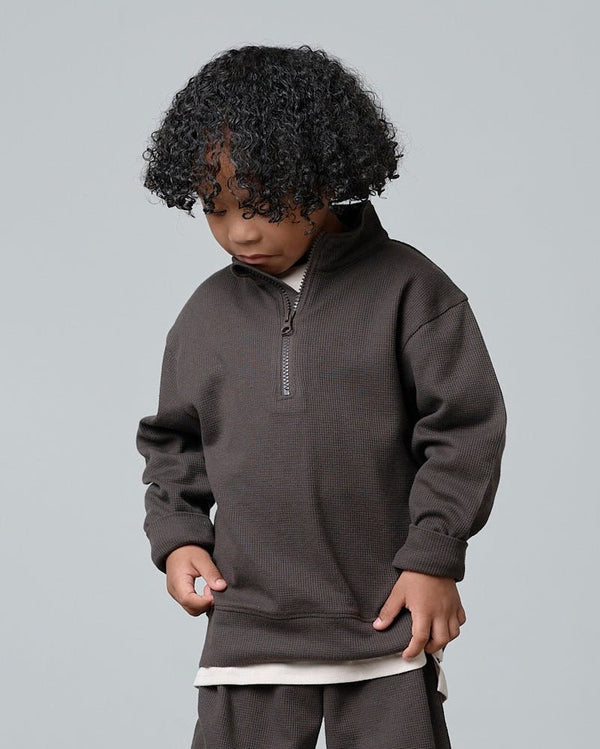 Brushed Waffle Quarter Zip - Brown - Little Bipsy