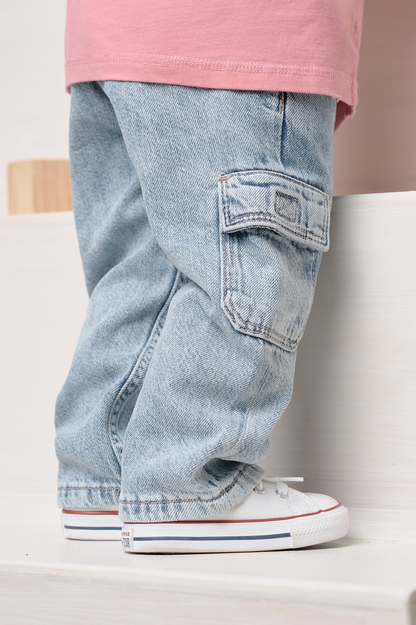 Cargo Denim Straight Leg - Light Wash - Little Bipsy