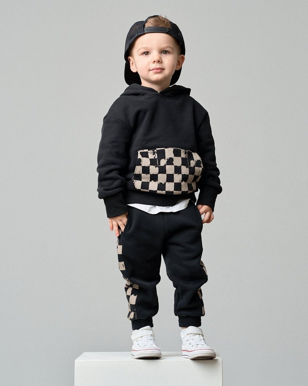 Check Pocket Elevated Hoodie - Black/Mushroom Check - Little Bipsy