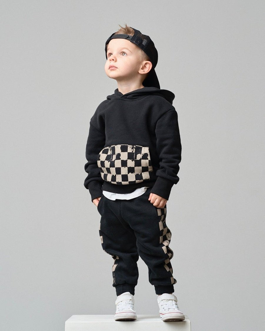 Check Pocket Elevated Hoodie - Black/Mushroom Check - Little Bipsy