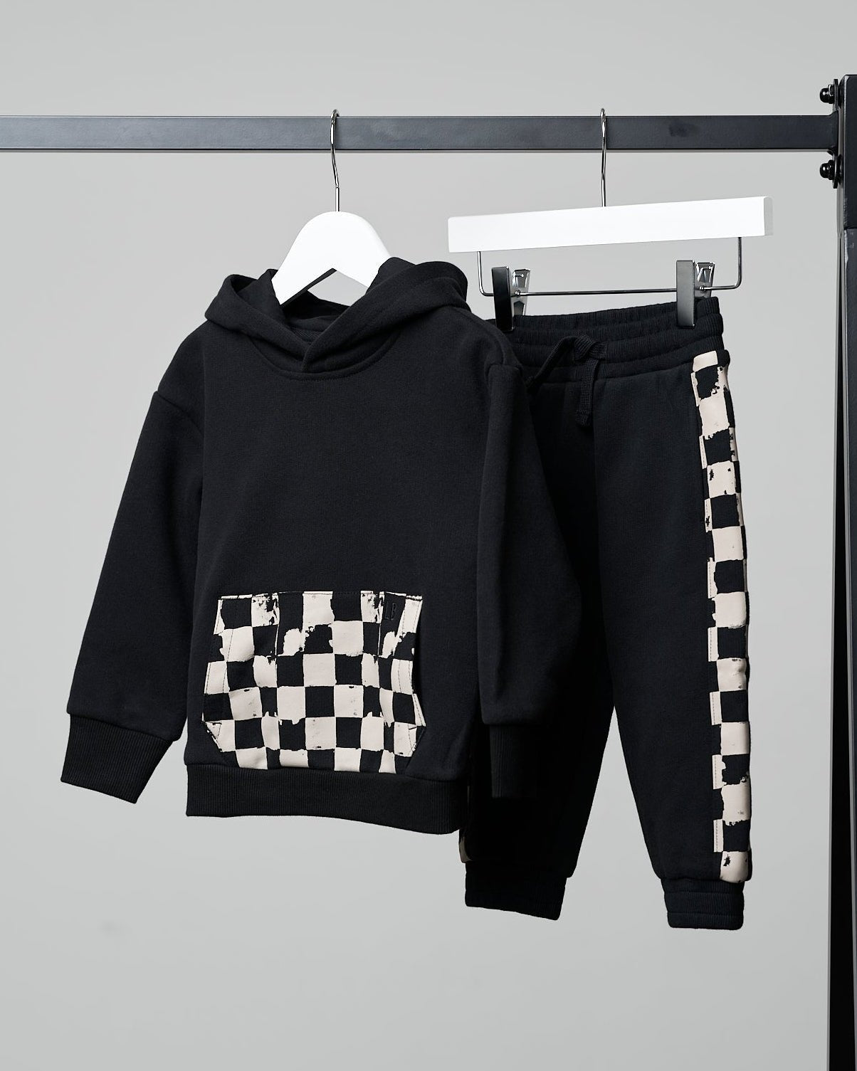 Check Pocket Elevated Hoodie - Black/Mushroom Check - Little Bipsy