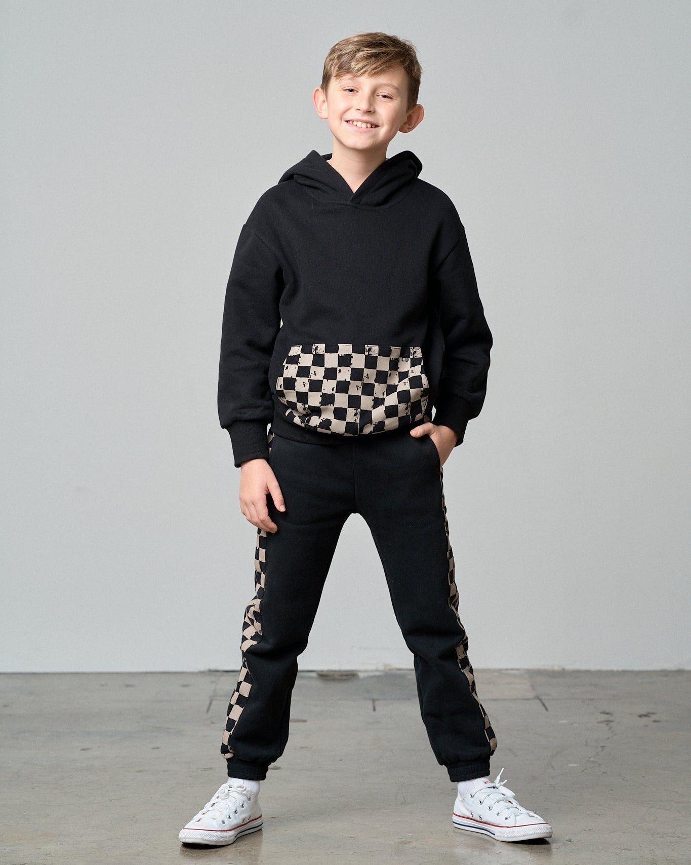 Check Pocket Elevated Hoodie - Black/Mushroom Check - Little Bipsy