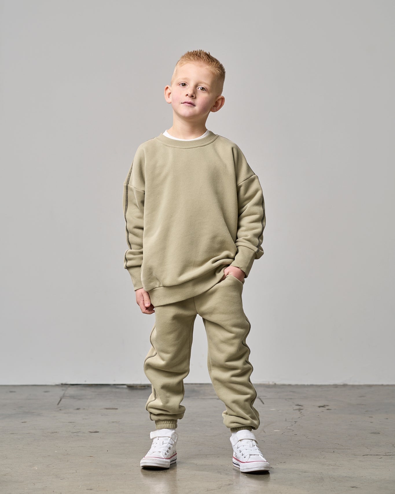 Contrast Stitch Elevated Crewneck - Olive - Little Bipsy