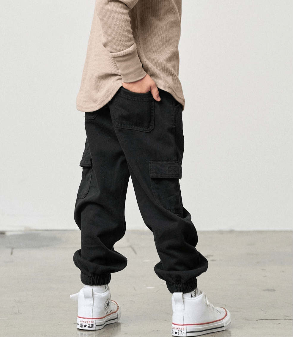 Cotton Twill Cargo Jogger - Black - Little Bipsy