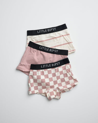 Girl's Boxer Brief 3-Pack - Dusty Rosewood Check Mix - Little Bipsy