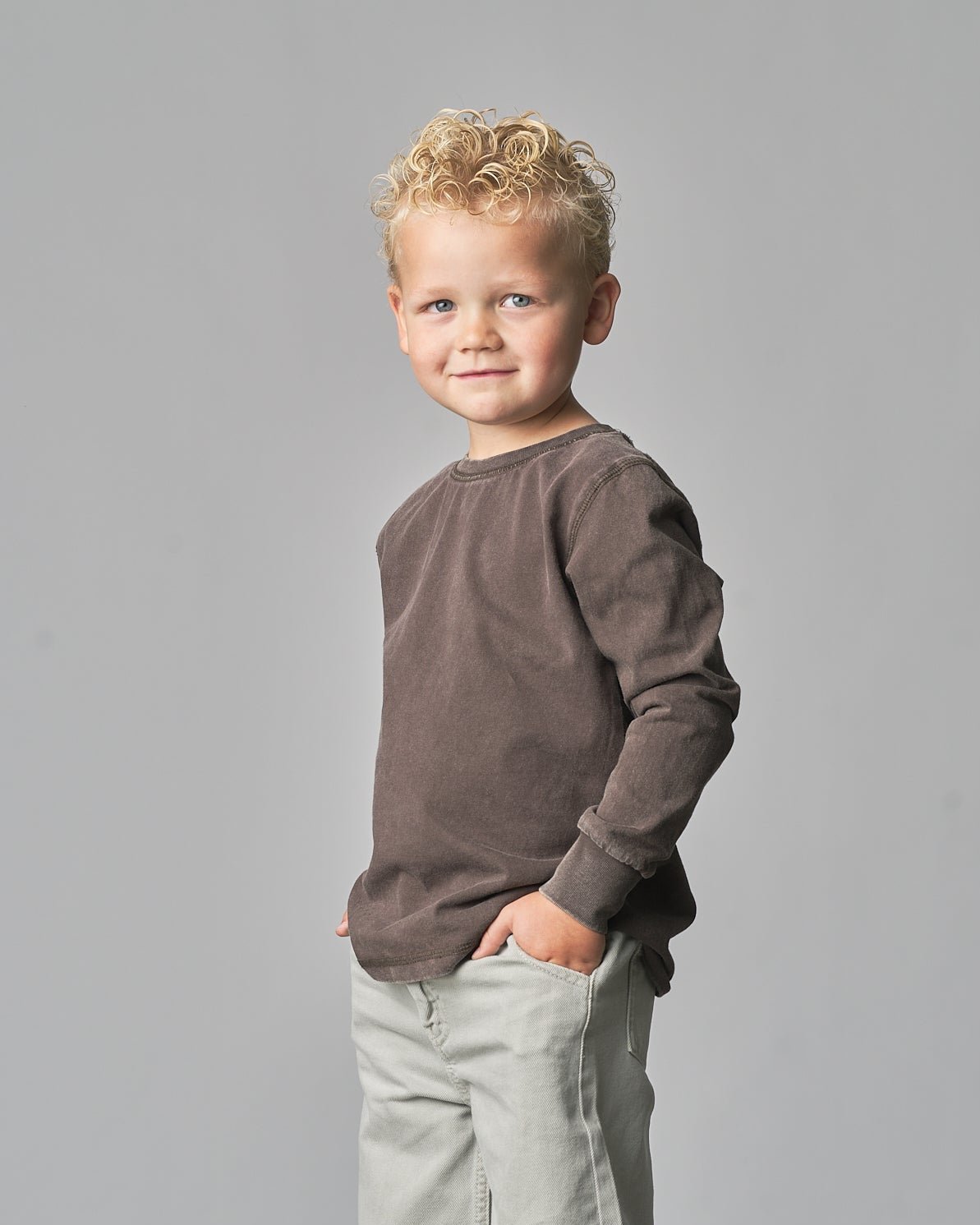 Long Sleeve Mineral Wash Tee - Brown - Little Bipsy