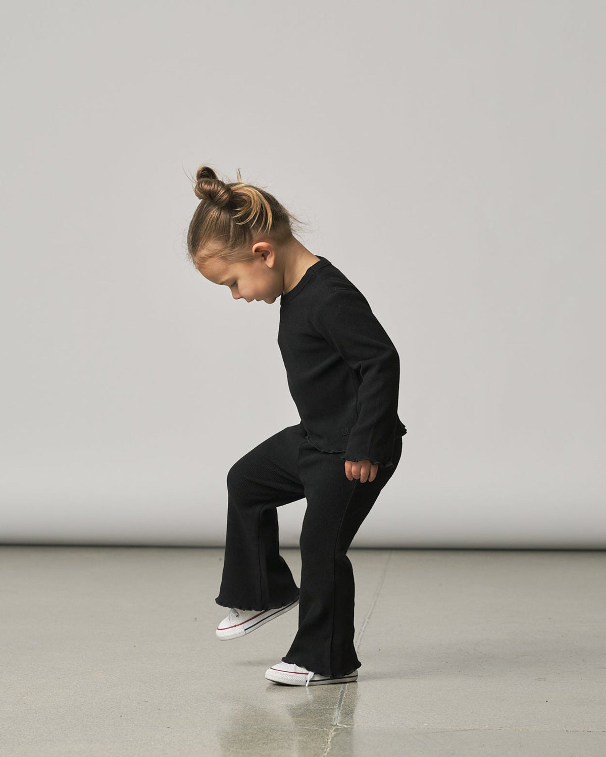 Long Sleeve Ribbed Lettuce Trim Tee - Black - Little Bipsy