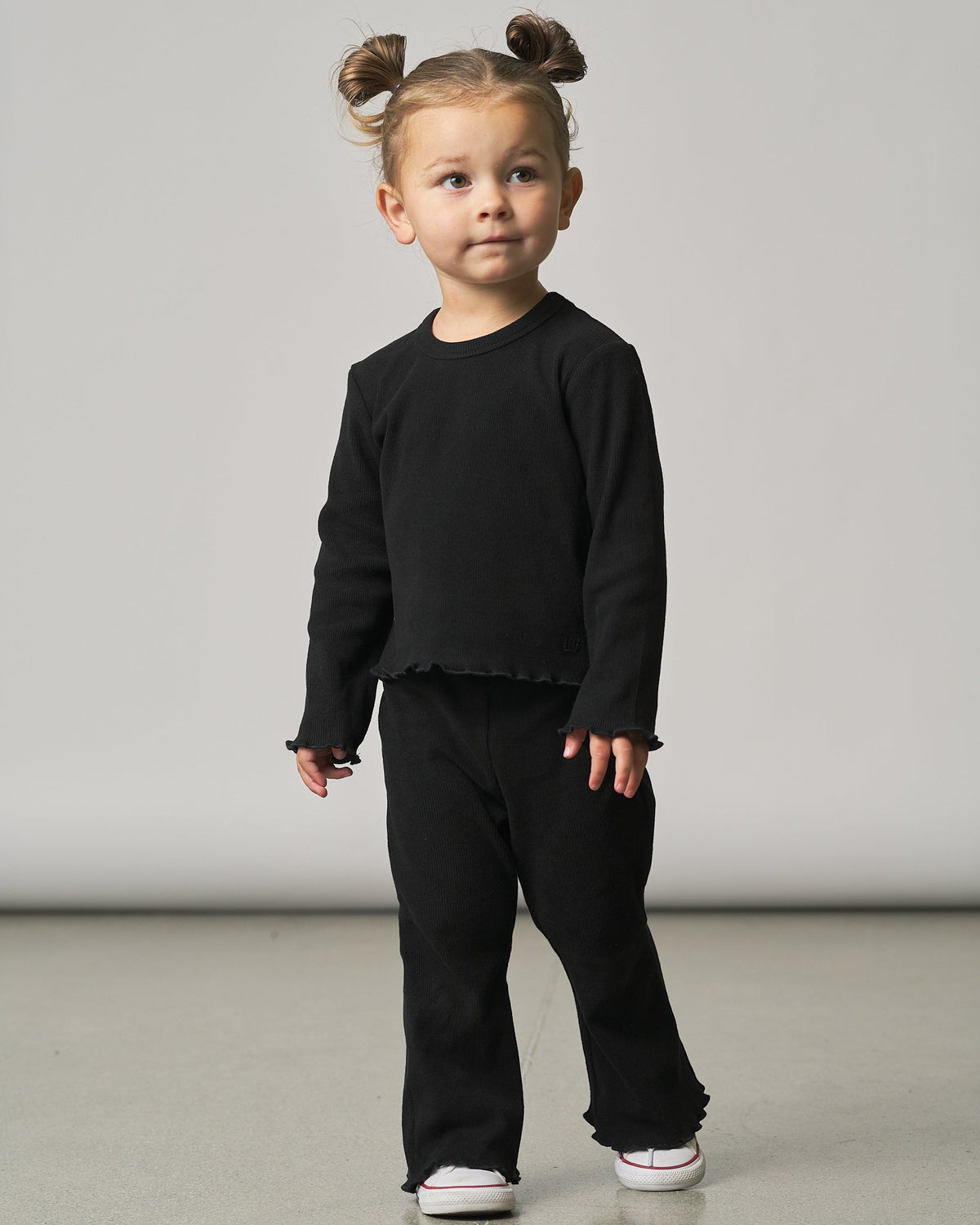 Long Sleeve Ribbed Lettuce Trim Tee - Black - Little Bipsy