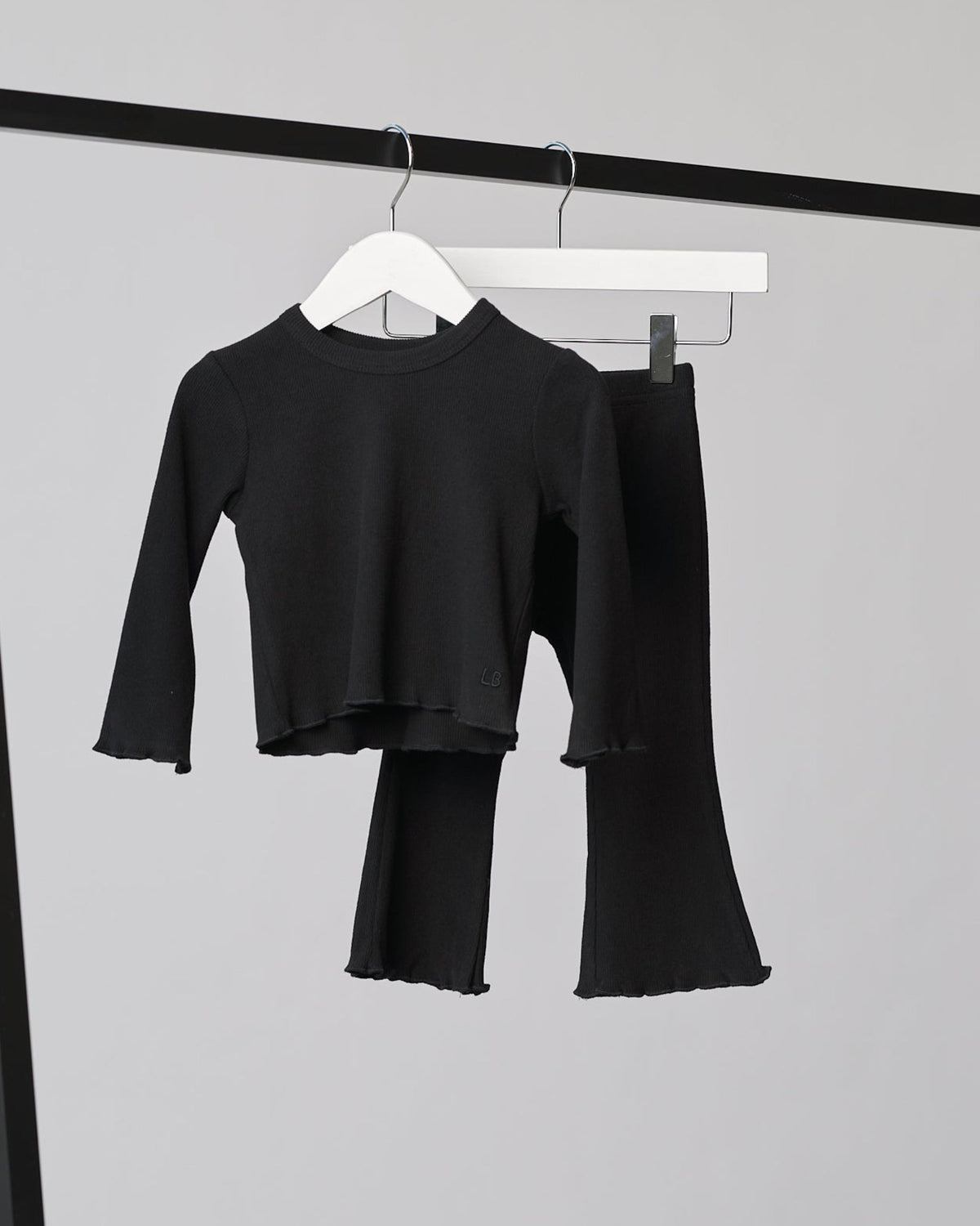 Long Sleeve Ribbed Lettuce Trim Tee - Black - Little Bipsy