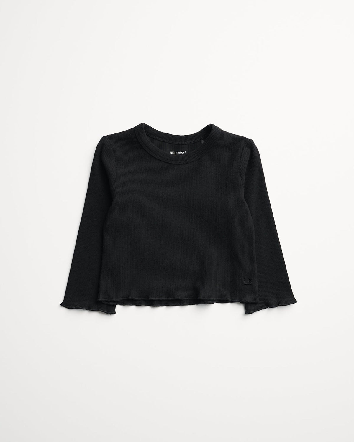 Long Sleeve Ribbed Lettuce Trim Tee - Black - Little Bipsy