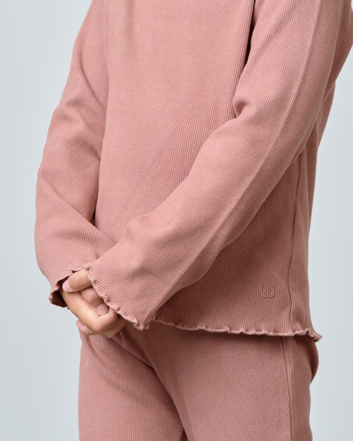 Long Sleeve Ribbed Lettuce Trim Tee - Pink - Little Bipsy