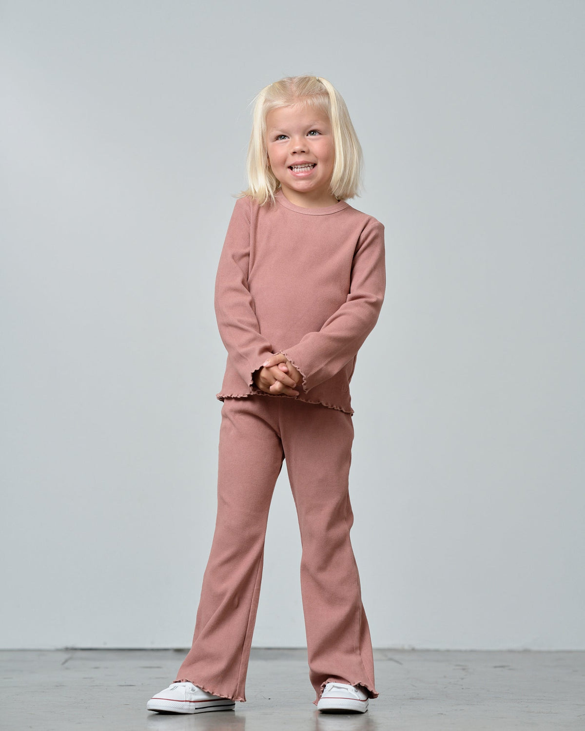 Long Sleeve Ribbed Lettuce Trim Tee - Pink - Little Bipsy