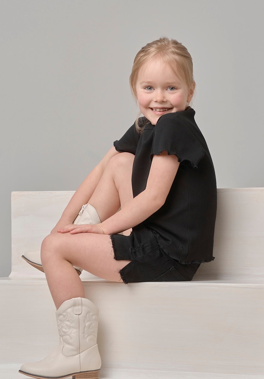 Ribbed Lettuce Trim Tee - Black - Little Bipsy