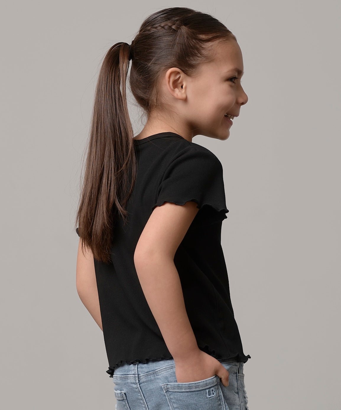 Ribbed Lettuce Trim Tee - Black - Little Bipsy