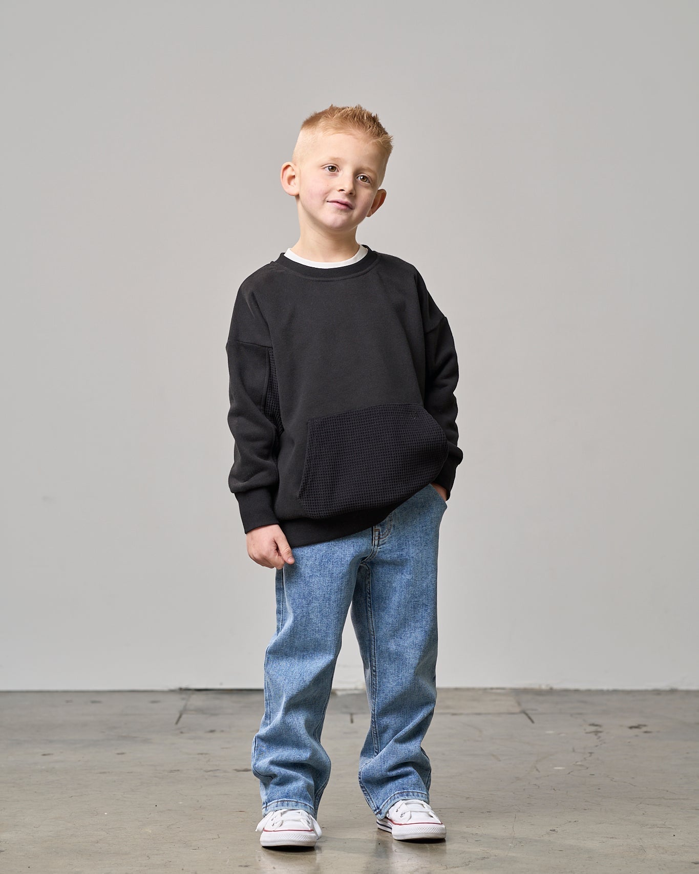 Waffle Hybrid Crewneck - Black - Little Bipsy