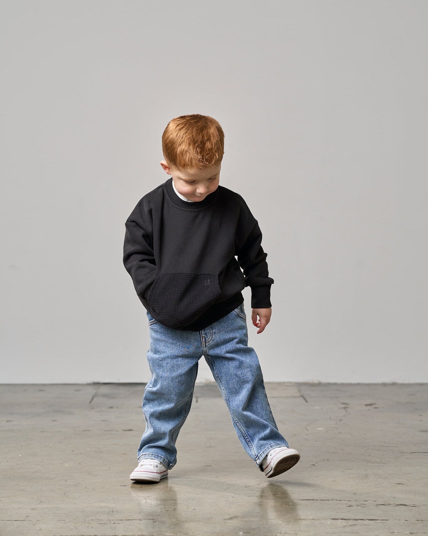 Waffle Hybrid Crewneck - Black - Little Bipsy