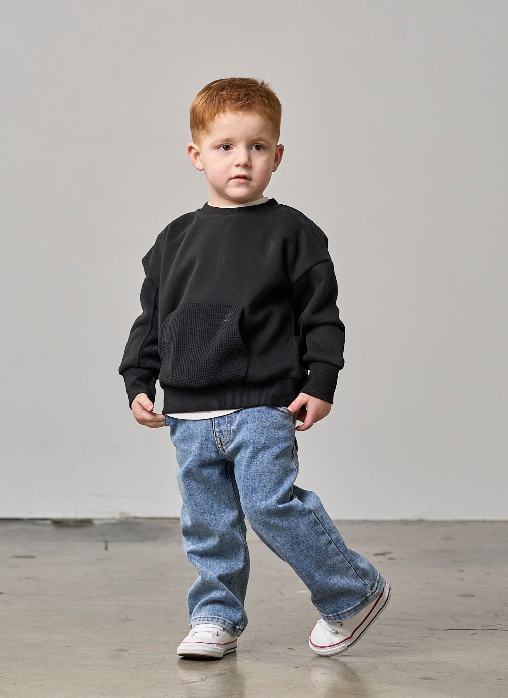 Waffle Hybrid Crewneck - Black - Little Bipsy