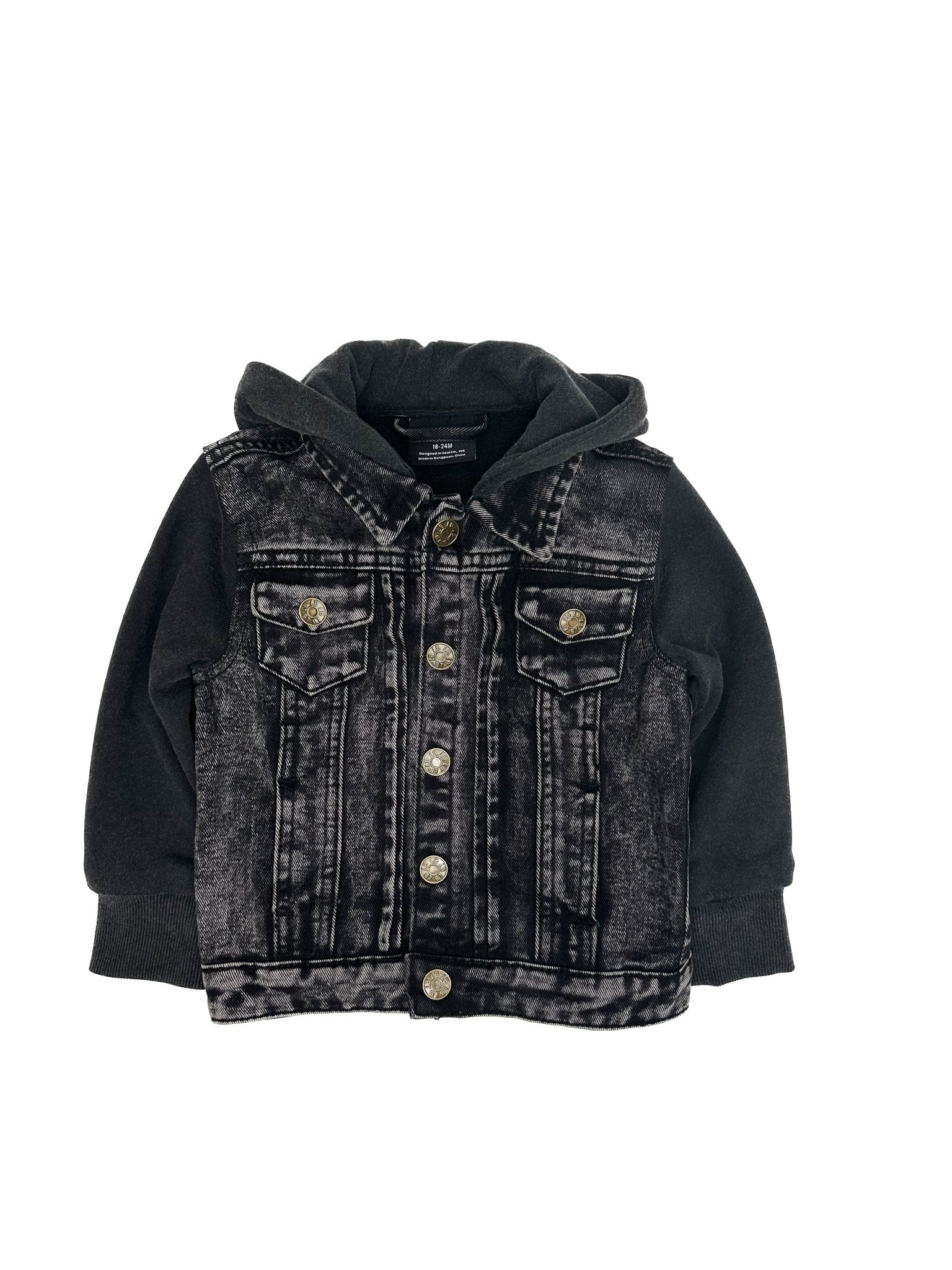Washed Hooded Denim Jacket - Black - Little Bipsy