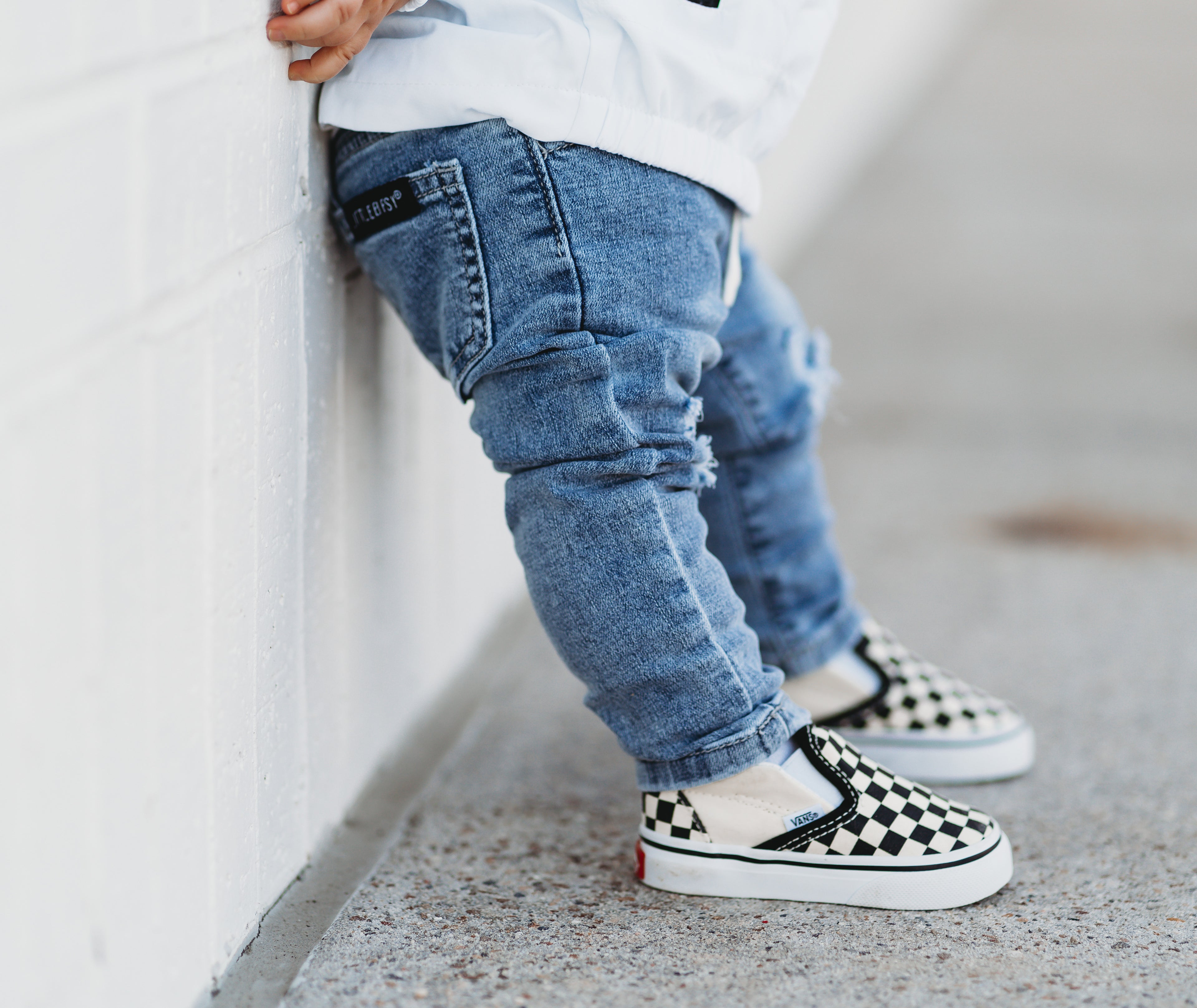 baby street style outfit with baby ripped denim