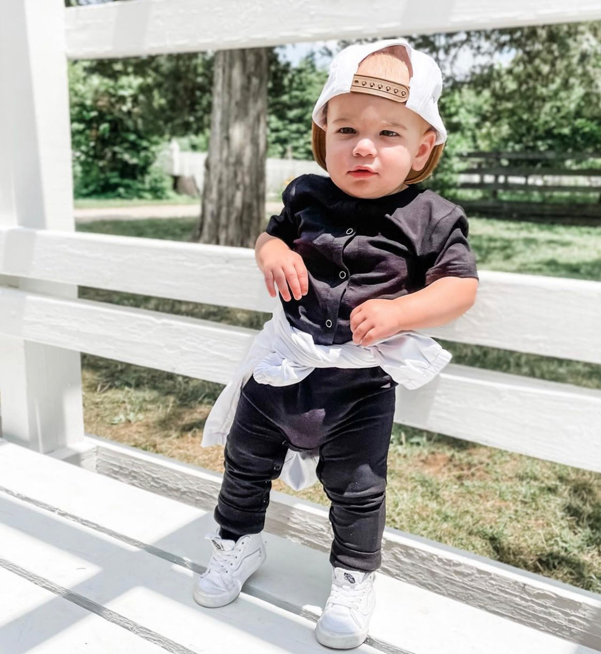 baby trendy outfit with black onesie