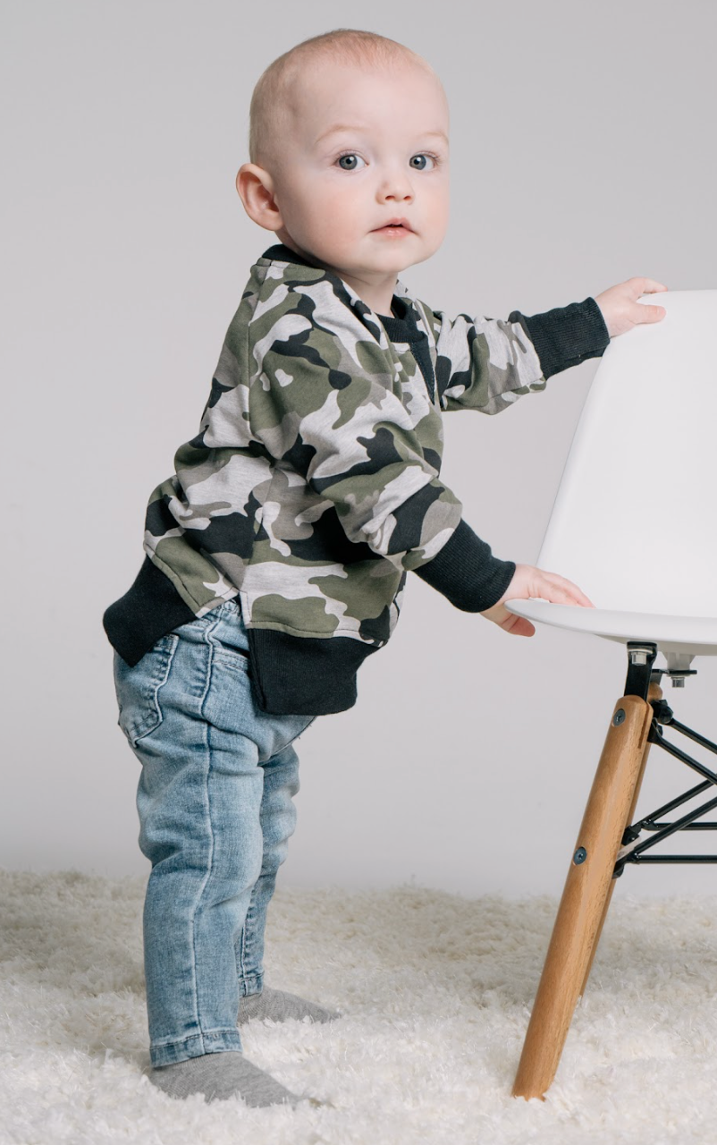 baby street style outfit with baby denim and baby camo pullover