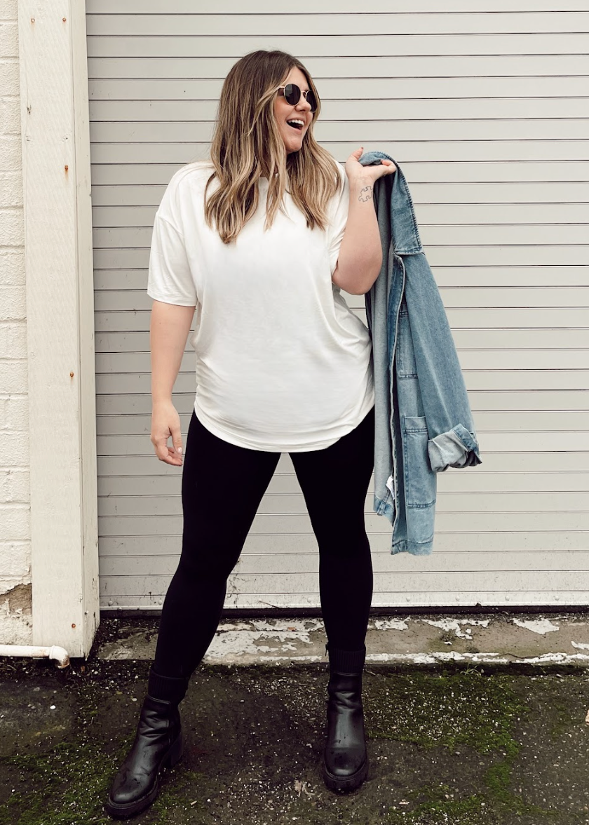 Woman in oversized, white bamboo tee