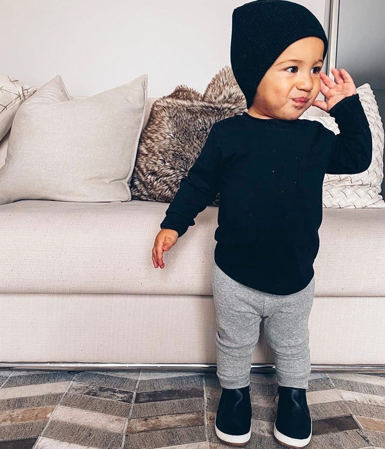 toddler street style outfit with toddler black long sleeve 